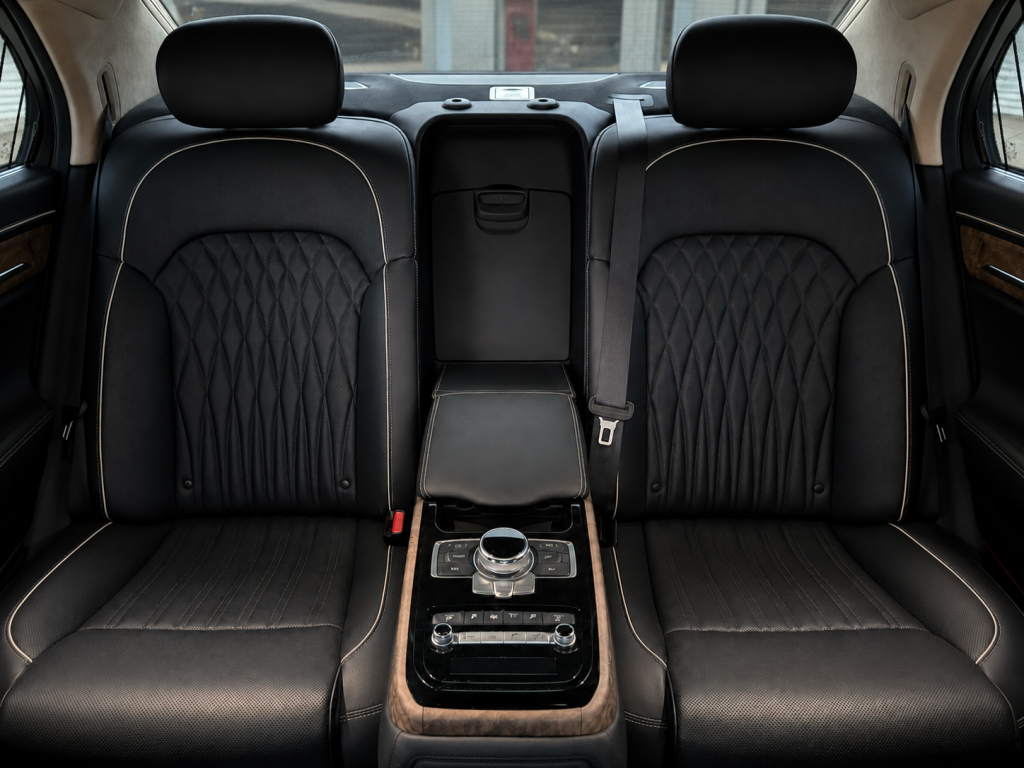 Luxury passenger van rear interior with premium leather seats
