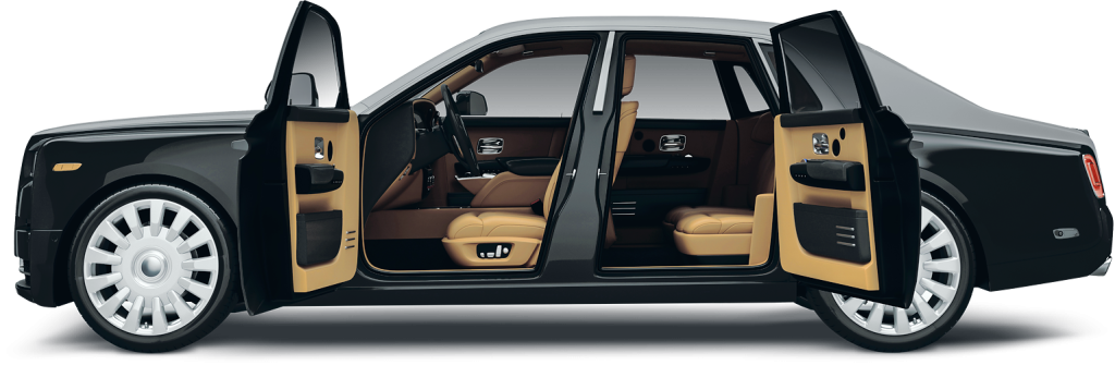 Luxury black vehicle interior with open doors and premium seating