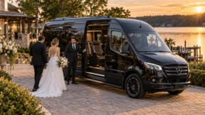 black Executive Sprinter parked at a lakeside venue near Lake Oconee at golden hour
