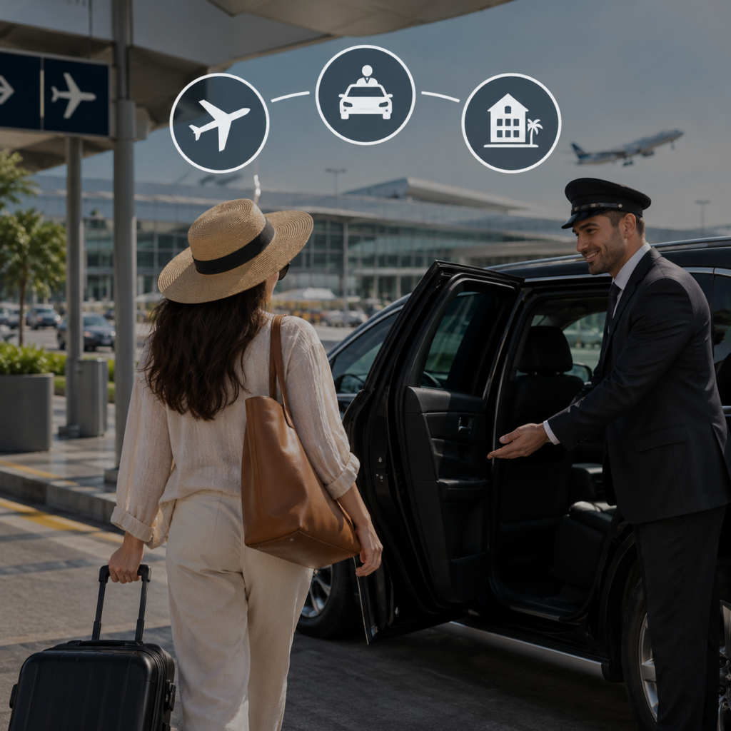 Professional chauffeur assisting a traveler beside a luxury vehicle for private airport transportation