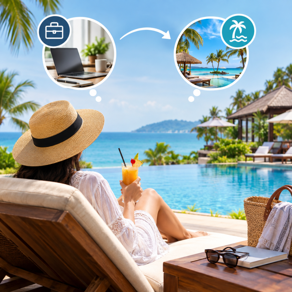 Traveler overlooking a lakeside destination with transportation and travel icons