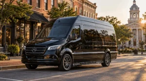 A black Executive Sprinter parked at a Milledgeville downtown street