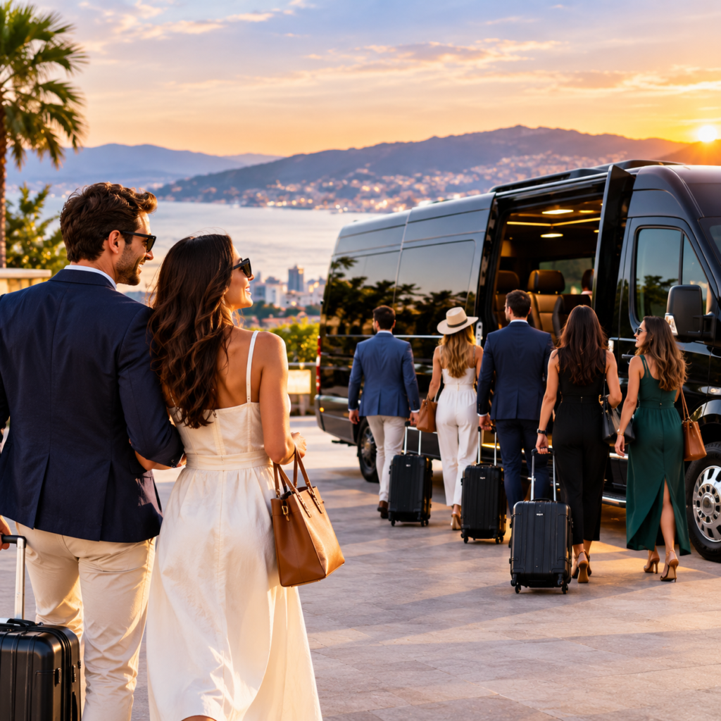 Business travelers using private corporate airport transportation with a luxury SUV