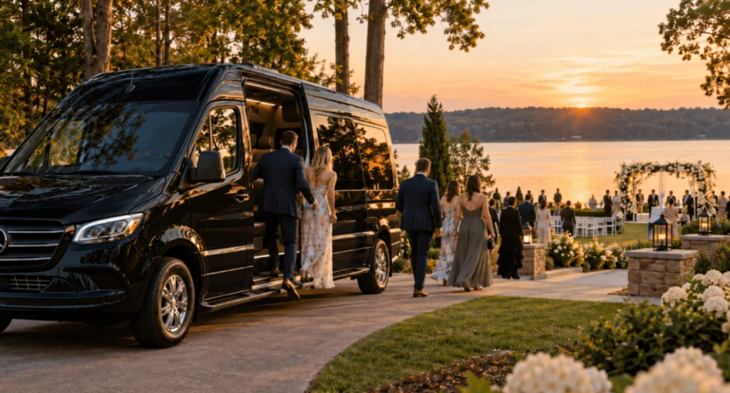 Wedding guests exit a shuttle at a Lake Oconee wedding venue