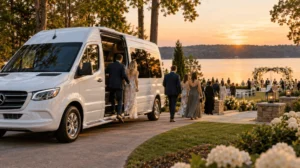 Wedding guests exit a shuttle at a Lake Oconee wedding venue
