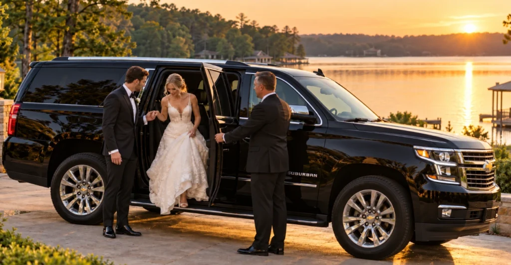 suburban near lake oconee at golden hour with a chauffeur